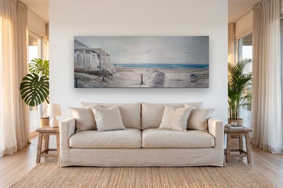 Casa de playa con pasarela en un ambiente, a escala