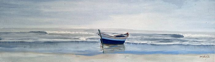 Bote azul en la orilla — Gonzalo Molla, 100 × 30 cm