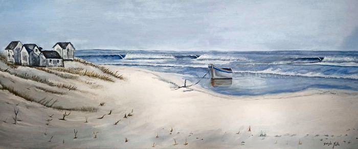 Caserío junto al mar — Gonzalo Molla, 120 × 50 cm