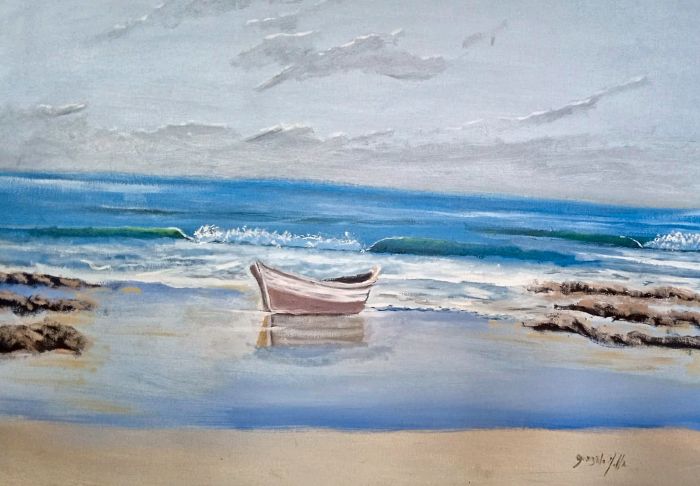 Bote rosado entre rocas — Gonzalo Molla, 70 × 50 cm